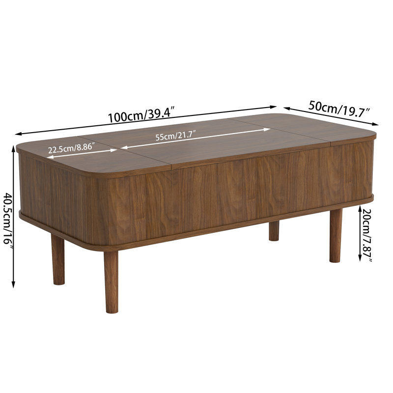 39.4'' Mid-century Modern Lift-top Coffee Table, Hidden Storage & Flip Top, Fluted Center Table, Walnut