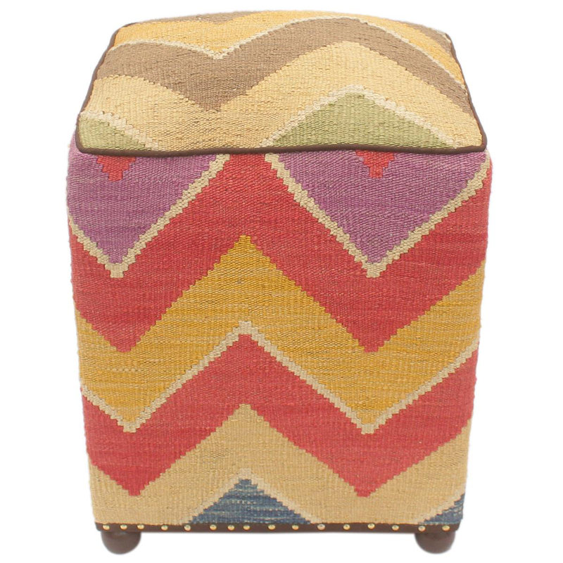 Aprea Upholstered Ottoman, Tan/Red/Gold/Beige Wool