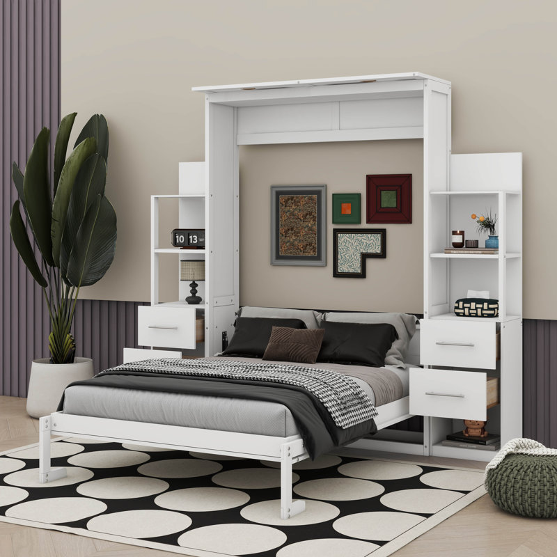 Lit escamotable avec tiroirs avec tablettes et éclairage à DEL intégré conçu pour le confort mural, Double, Blanc