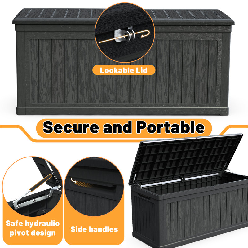 Coffre de terrasse noir imperméable de 260 gallons, double construction pour le rangement extérieur à long terme, outils de jardinage idéaux et peut être un siège supplémentaire pour la longévité du mur, une bonne piscine fournit un banc