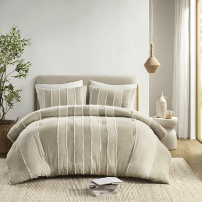 Édredon 3 pièces en coton taupe double / grand - aspect rayé, rembourrage 100%, détails décoratifs, visible, fascinant,