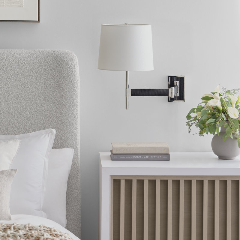 Suzanne Kasler Elle Swing Arm Sconce, Polished Nickel/Black Rattan