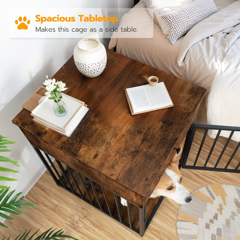 Chew-Proof Steel Dog Crate Furniture With Storage Drawer - Rustic Brown End Table Kennel For Small Dogs, 26.8" Indoor Pet House With Ventilated Design