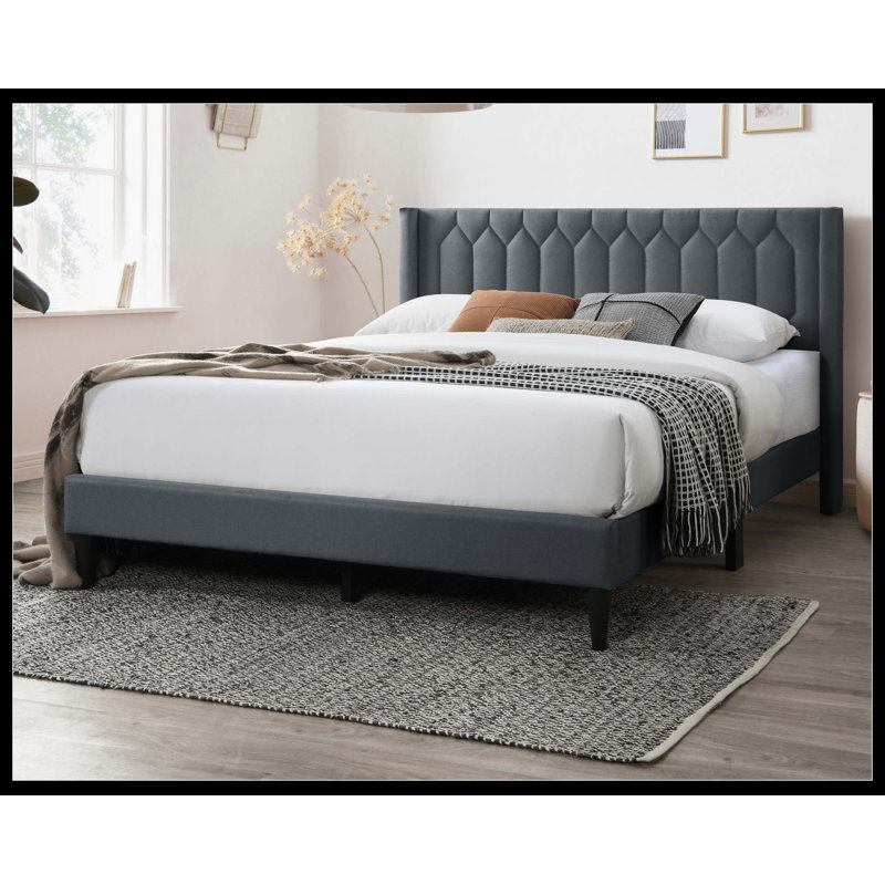 Fabric Bed with Tufted Headboard, Full, Charcoal