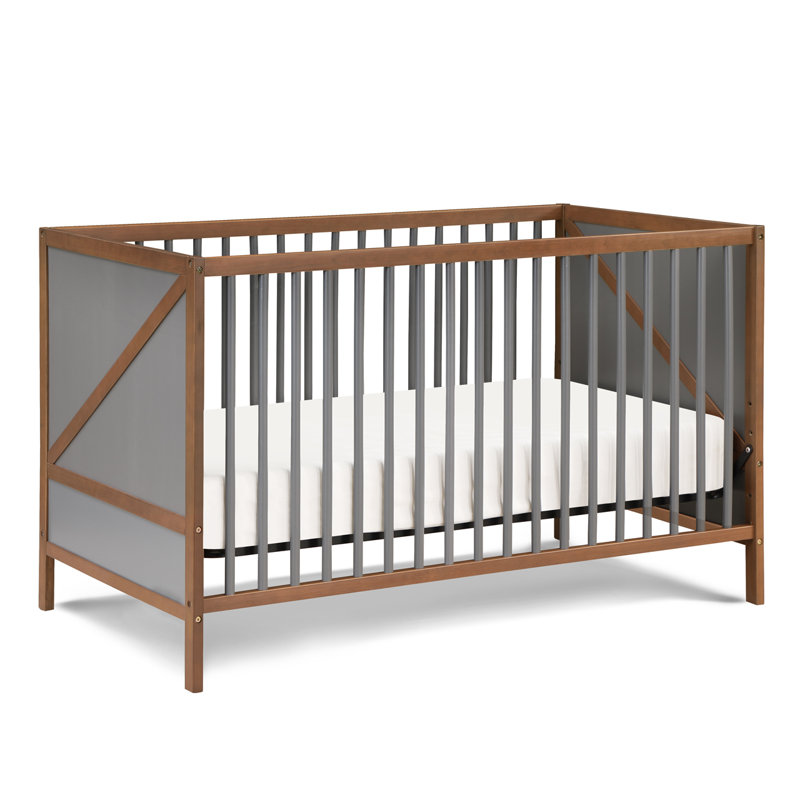 Pixie Zen 3-In-1 Convertible Wood Crib with Round Spindles, Walnut/Charcoal
