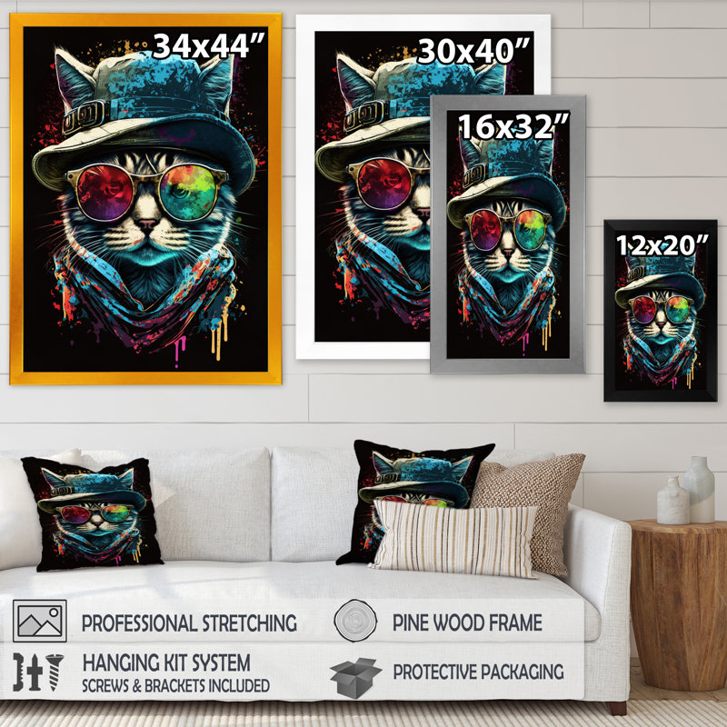 Art mural sur toile Cool Cat avec lunettes de soleil et chapeau I, Cadre noir, L 12 po x H 20 po