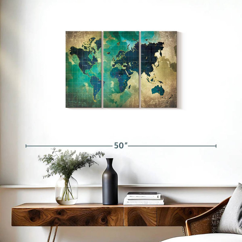 «World Map Aged World Map XXXVII», reproduction sur toile 3 pièces par Tess P, H 20 po x l 33 po x P 1,25 po