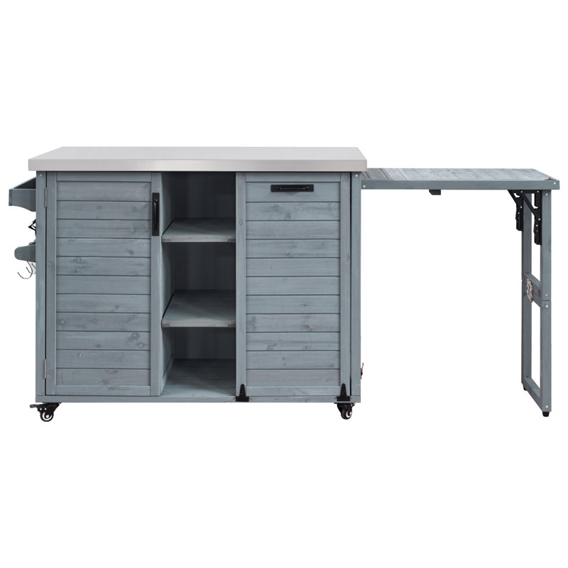 Kitchen Island With Foldable Grill Table, 78.3" Wooden Outdoor Grill Cart With Trash Can Storage & Stainless Steel Top, Outdoor Bar Cart, Pizza Oven Table For Lawn & Garden, Grey Blue