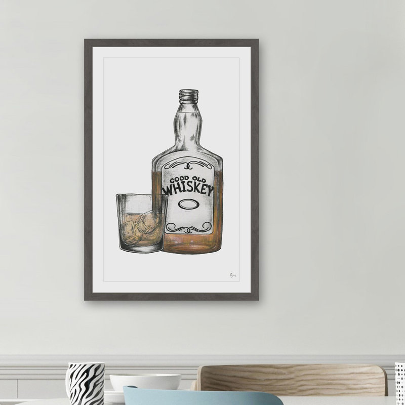 « good old whiskey », reproduction de dessin encadrée, H 24 po x l 16 po x P 1,5 po