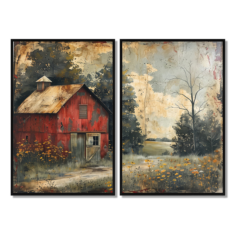 Ensemble de 2 granges campagnardes vintage rouge et gris d'hiver, 36" H x 48" W, Impression encadrée flottante, Black