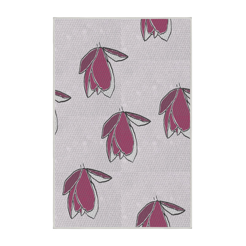 Laine tissée à la machine florale et polyester gris/rose Tapis décoratif, Rectangle 5 pi x 7 pi