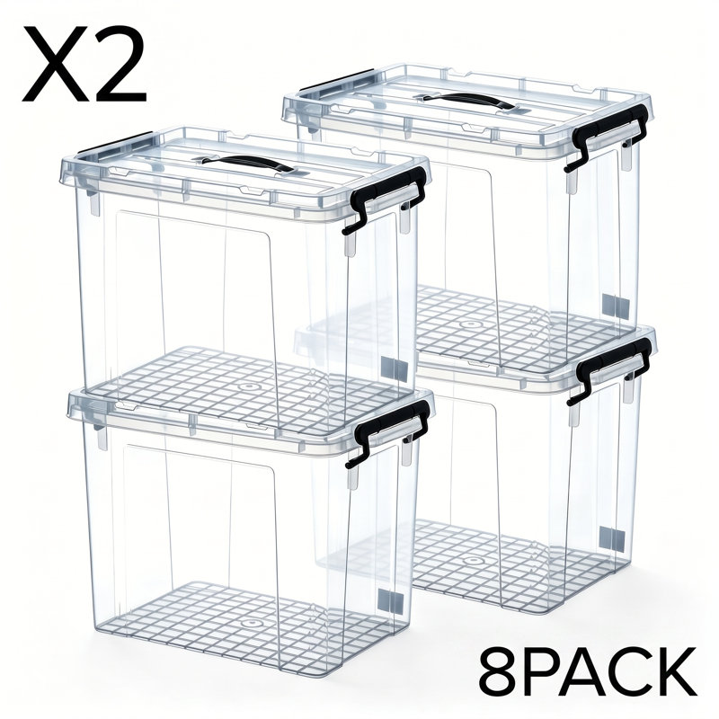 Clear Storage Bins with Lids, 8 Pack 90 Quart Stackable Plastic Storage Containers, BPA-Free Organizing Bins with Pull Handles & Secure Latches for Home, Bathroom, Kitchen, Closet