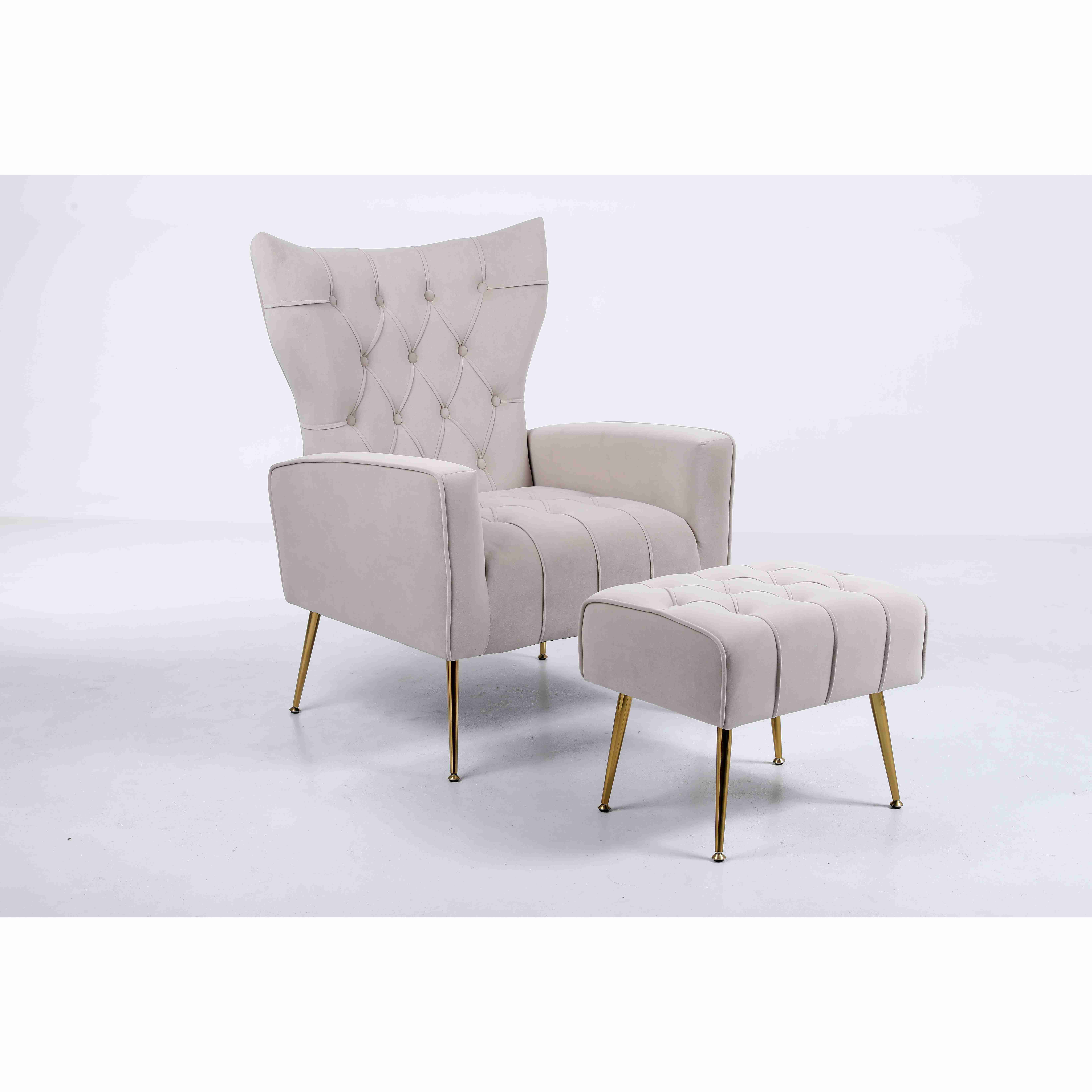 Ebern Designs Upholstered Accent Chair With Tufted Cushions And Ottoman ...