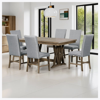 Mid-Century Solid Wood 7-Piece Dining Table Set Extendable Kitchen Table Set by Red Barrel Studio