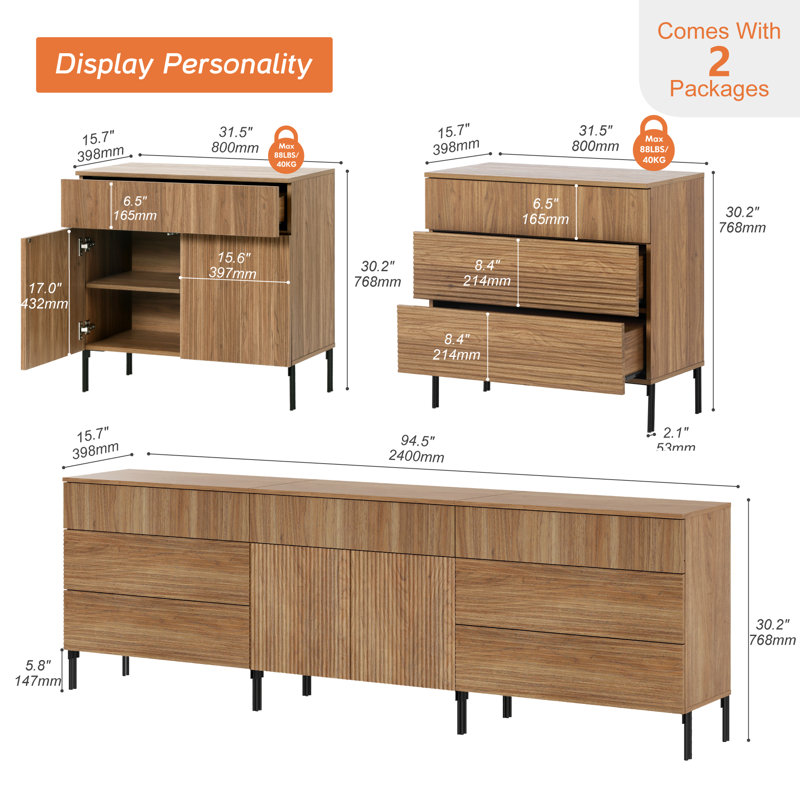 Meuble télé avec commode Modern Reeded, Noyer