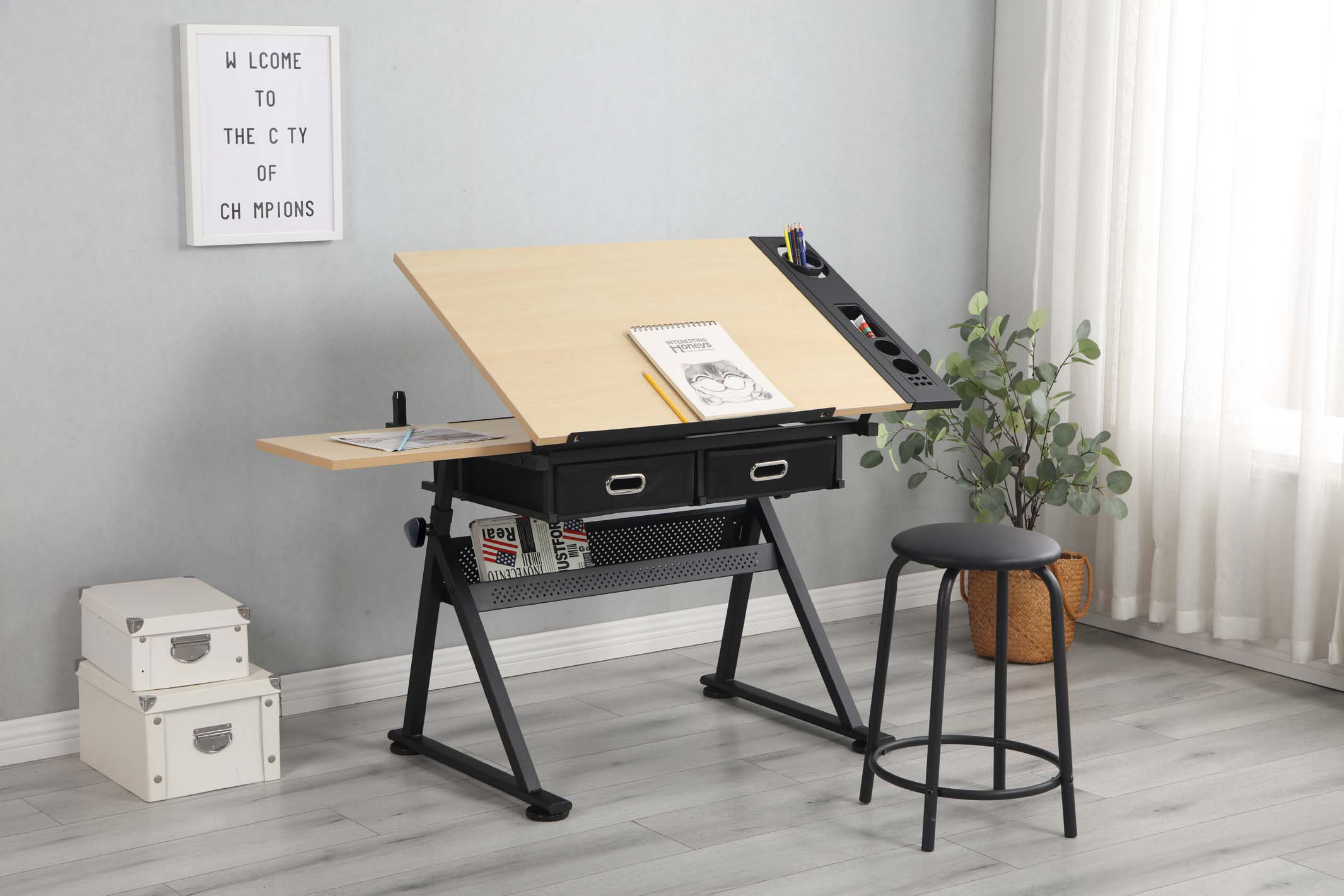 17 Stories adjustable drawing drafting table desk with 2 drawers for ...
