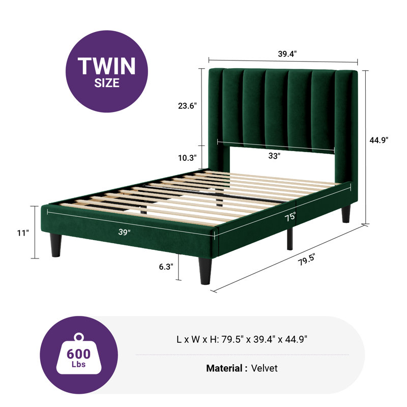 Lit plateforme tapissier avec velours et tête de lit rayée Stauton, Lit simple, Vert