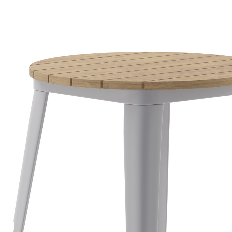 Graciana Round Commercial Indoor/Outdoor Poly Resin Restaurant Table with Steel Frame, Brown Top/Silver Base
