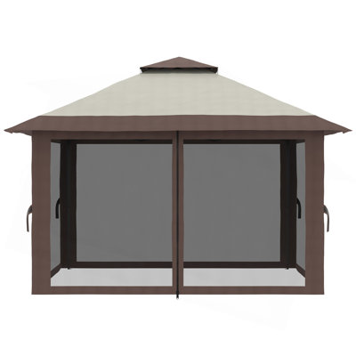 Outsunny 13' X 13' Pop Up Gazebo With Netting, Instant Canopy Tent Shelter With 2-Tier Roof,  Wheeled Carry Bag, Water/Sand Bags For Outdoor, Garden, Parties, Beige