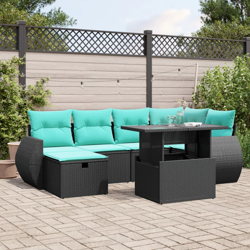  7 Piece Patio Sofa Set With Cushions Poly Rattan, Black, Green
