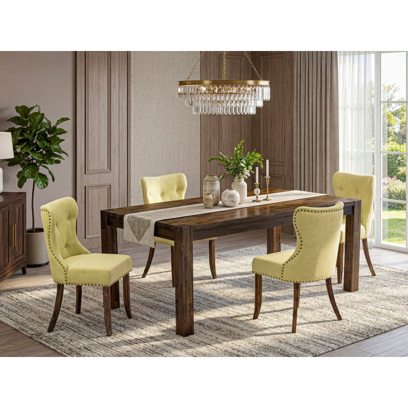 L'ensemble de 5 pièces pour coin-repas pour 4 personnes comprend une table de salle à manger rectangulaire en bois rustique et 4 chaises Parsons en lin Limelight, patiné Jacobean