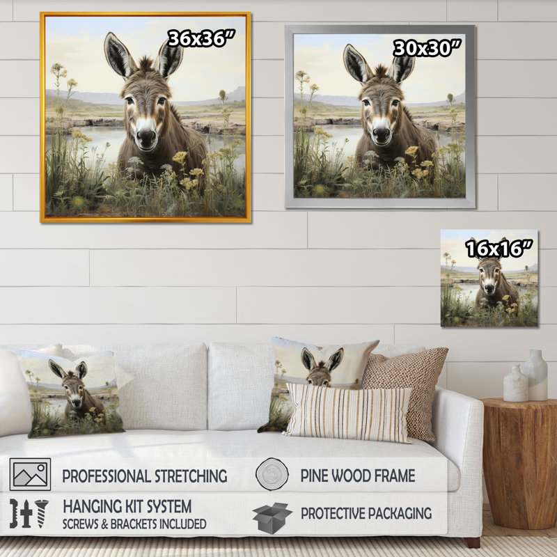 «Farmhouse âne infield III», art mural d'âne pour le salon, Cadre flottant noir, H 36 po x l 36 po x P 1,5 po