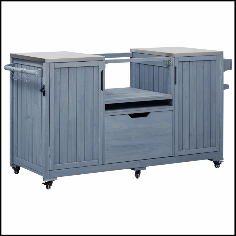 66.5 Inch Outdoor Kitchen Island With Stainless Steel Top, Solid Wood Grill Cart For Large Big Green Egg And Kamado Joe, Ample Storage And Workspace