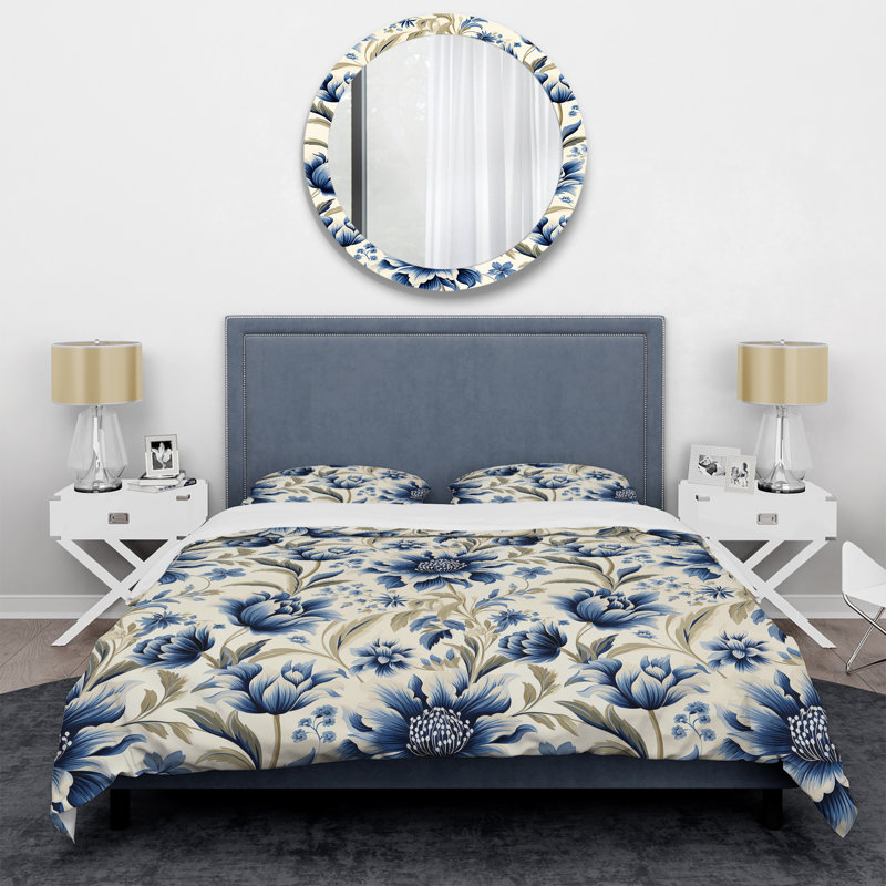Ensemble de housse de couette floral bleu Ikat Floral Harmony II, Housse de couette simple + 1 taie décorative stan