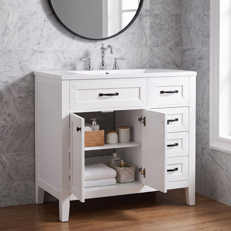Ensemble de meuble-lavabo blanc 36 po avec lavabo Armoire avec tiroirs; Structure solide et panneaux de fibres à densité moyenne