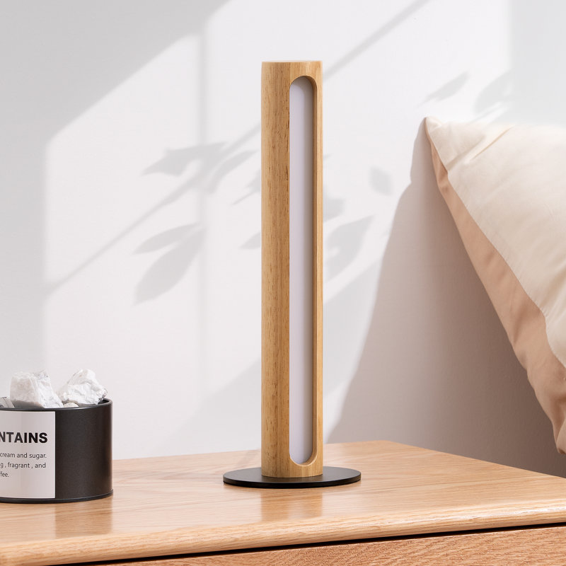 Lampe de table cylindrique à DEL en bois massif à intensité variable, Bois naturel