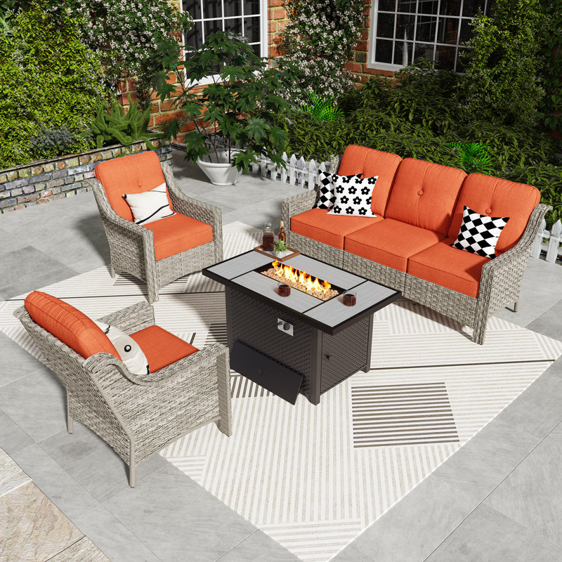 Wicker 6 - Person Patio Conversation Set with Cushions, Red