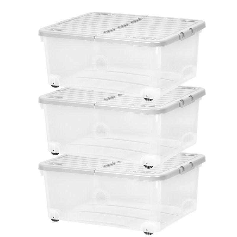 Wham 30L Plastic Storage Box with Wheels and Folding Lid Pack of 3 Clear/Cool Grey