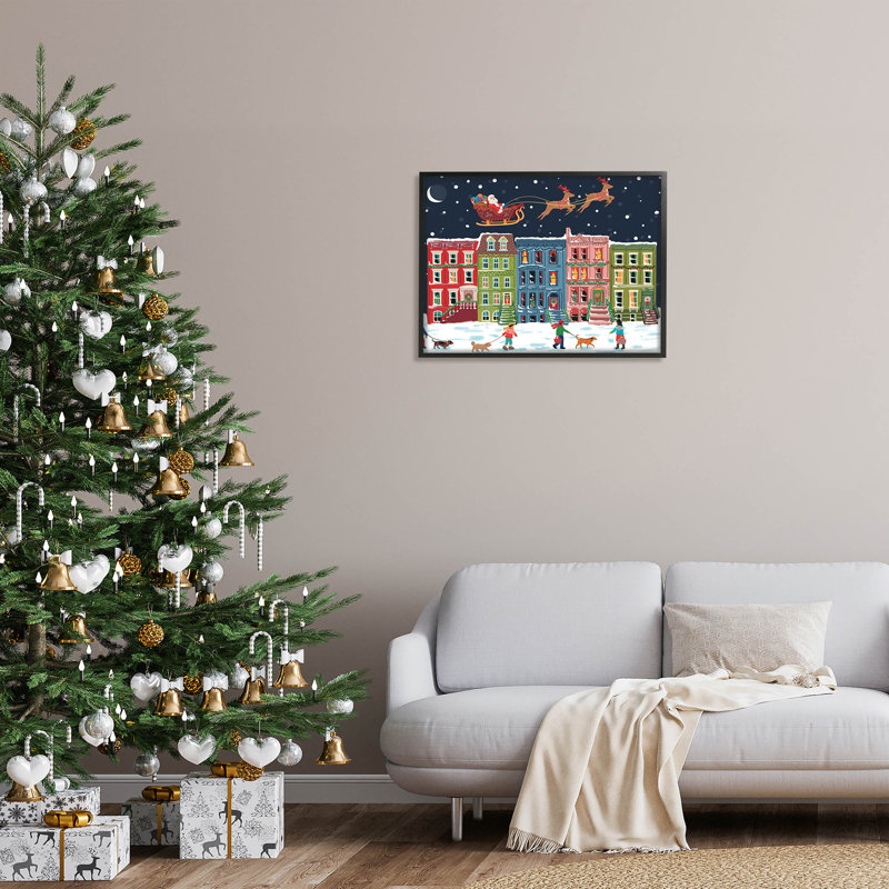 Ville de Noël enneigée : le Père Noël à  -247, H 24 po x l 30 po x P 1,5 po, Giclée encadrée noir minuit