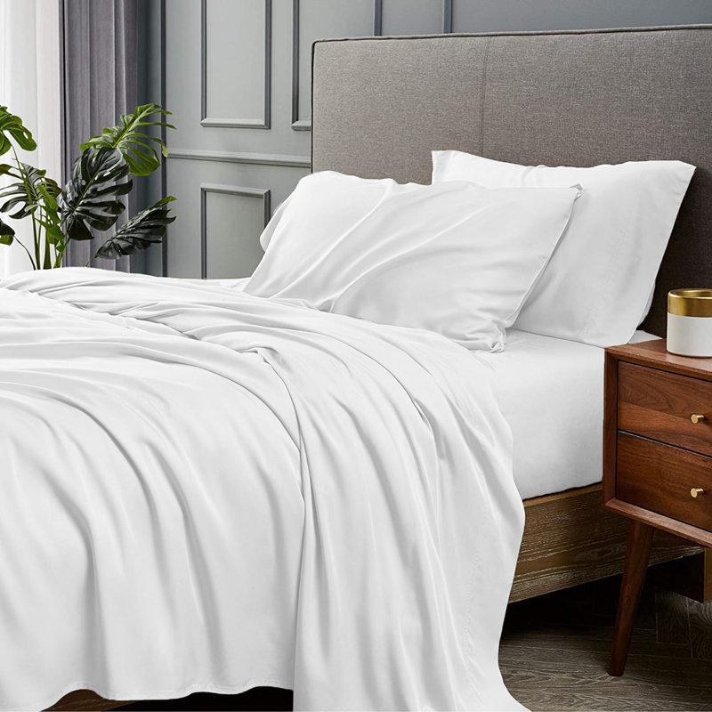Ensemble de draps 4 pièces en rayonne de bambou, Ensemble de draps pour grand lit avec 2 taies d'or, Blanc