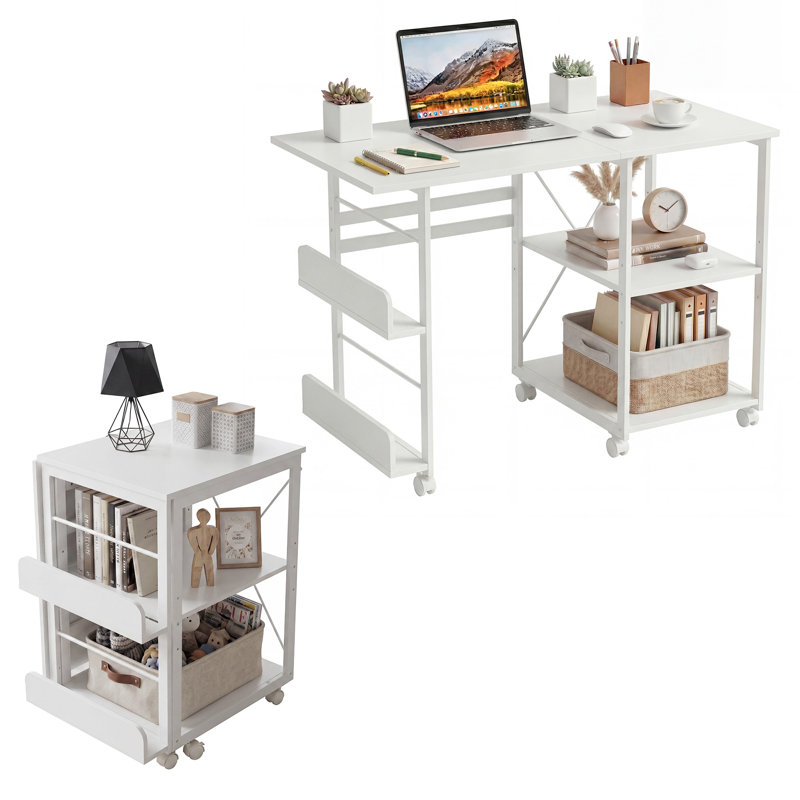 Bureau d'ordinateur pliable à roulettes, table d'écriture mobile et peu encombrante pour bureau à domicile - Étagère de rangement, organisateur latéral, roulettes verrouillables - Blanc