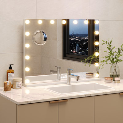 32*24" Square LED Vanity Mirror – 3-Color Dimmable Touch Screen Makeup Mirror with 360° Rotation, Adjustable Brightness, Memory Function, Aluminum Frame, Tabletop Cosmetic Mirror for Bathroom, Bedroom