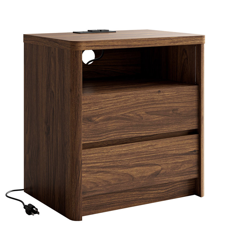 Table de chevet moderne de 22,8 po de hauteur avec station de charge, table de chevet en bois de 21,7 po de largeur avec 2 tiroirs de rangement, grande table de bout de style Mid-Century pour chambre à coucher, salon, profil incurvé, brun