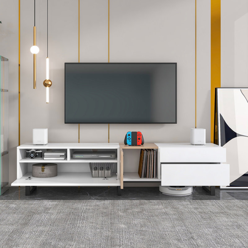 Meuble télé moderne pour téléviseur de 80 po avec espace de rangement double, Blanc