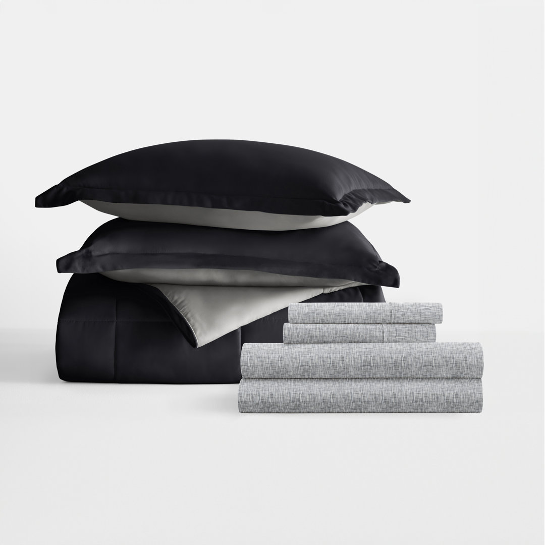 7-Piece Reversible Bedding Bundle - Solid Comforter and Patterned Sheet Set IEnjoy Home 
