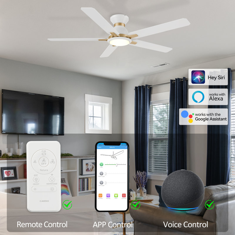52" Smart Ceiling Fan with Light, White Gold, White