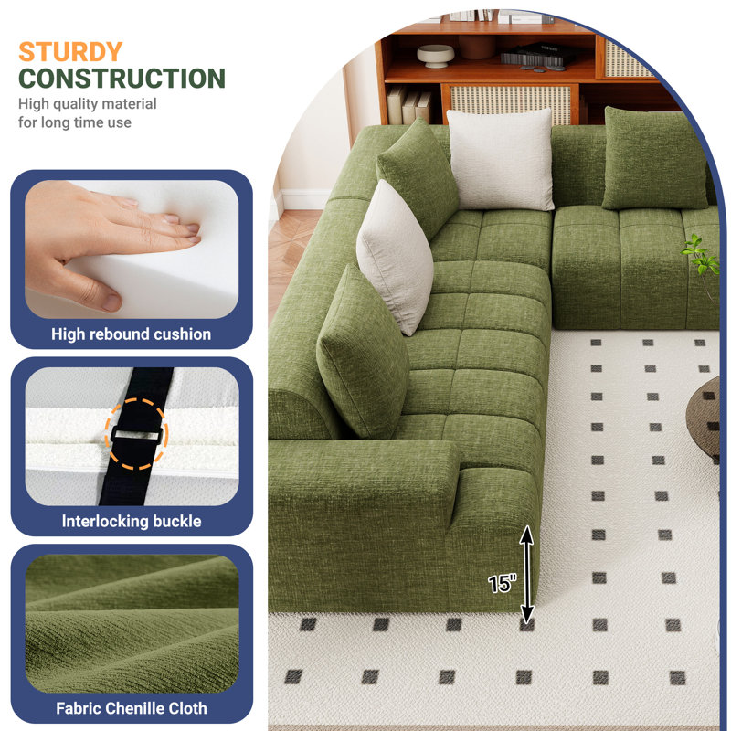 108" Chenille Frameless Boneless L-Shaped 3-Piece Cloudy Upholstered Corner Sectional with 6 Throw Pillows,No Assembly Required