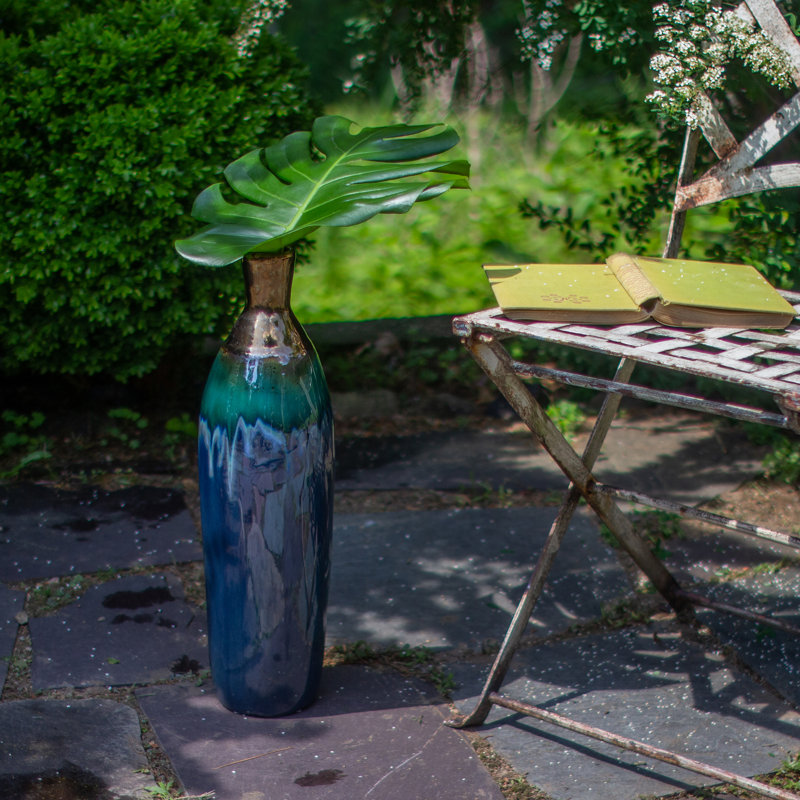ClayBarn Patina Artisan Ceramic 20.5'' H Verde Skinny Bottle Vase, Blue/Gold