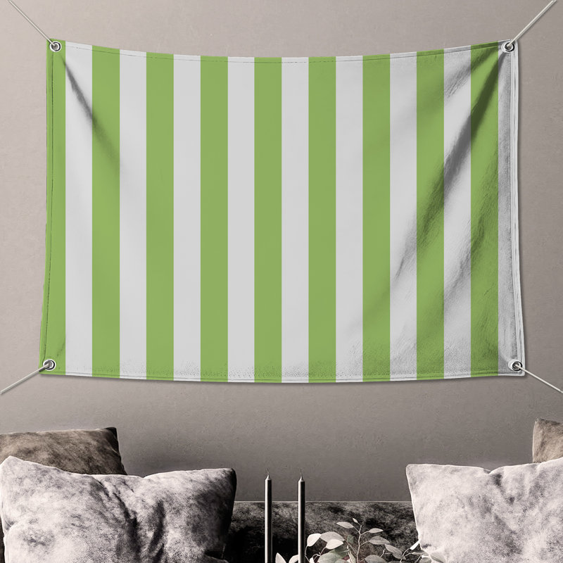 Green White Stripes Wall Tapestry - Stripes Wall Decor, H 68 po x l 80 po avec 4 œillets