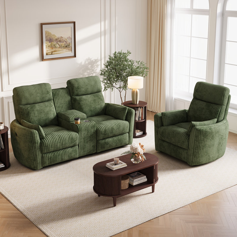  L'ensemble de salon inclinable 2 pièces Sherry comprend un canapé inclinable manuel de 67 po avec console de rangement et un fauteuil inclinable de 34 po