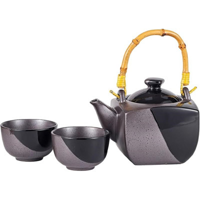 Celestial Black And Gray Matte Reactive Glaze 32Oz Teapot With 2 Tea Cups Set