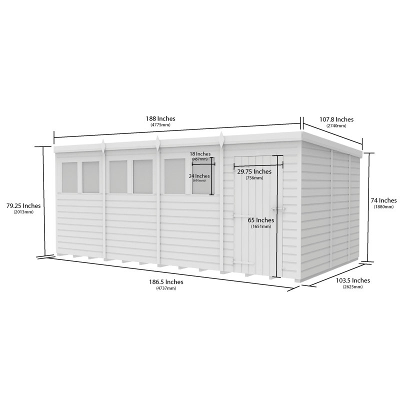 Total Sheds 16ft x 9ft Composite Pent Garden Shed - Single Door - With Windows - EPDM Rubber Roof - UK Manufactured