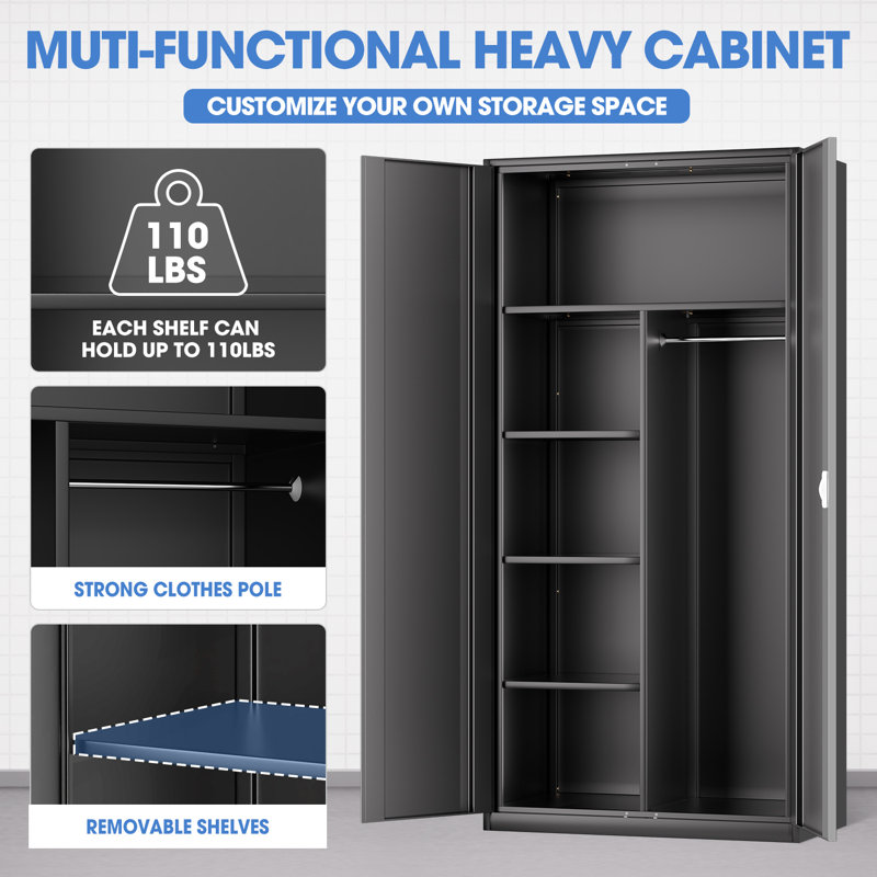 72" Lockable Heavy Duty Metal Storage Cabinet W/ Hanging Rod&Shelves, Black