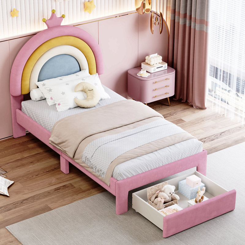 Lit tapissier arc-en-ciel design, lit plateforme en velours avec tiroir de rangement Princess, Twin