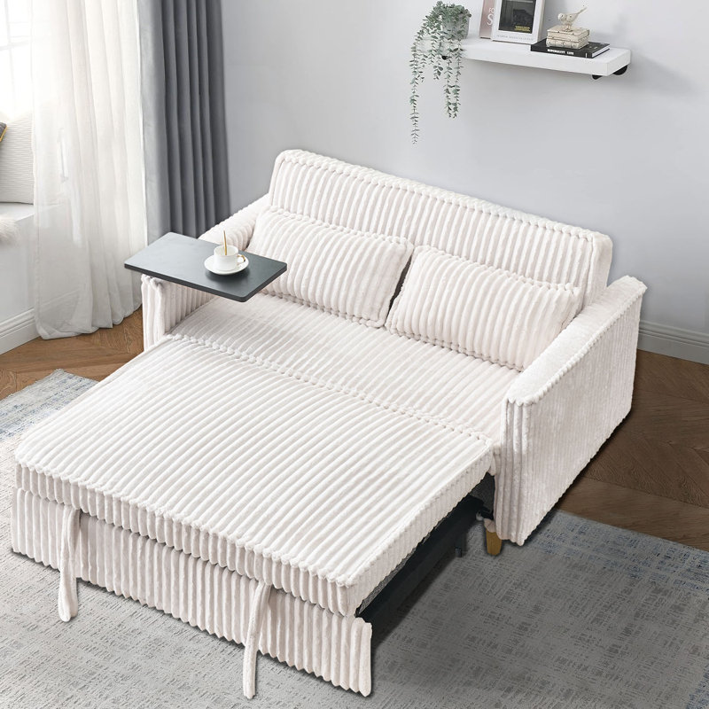 Corduroy Upholstered Convertible 2-Seater Sofa Sleeper Sofa Bed with USB Ports and Integrated Side Table, Beige