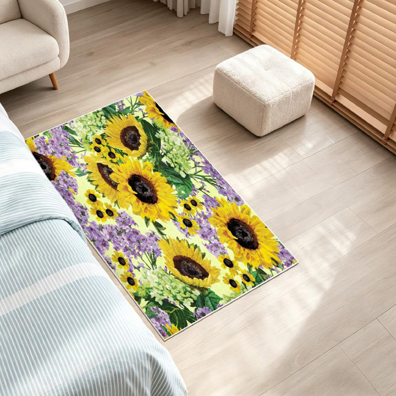 Tapis d'intérieur mauve lavable à la machine, tournesols et fleurs, Rectangle 32 po x 47 po